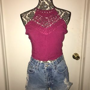 Denim shorts with pink knit front crop top